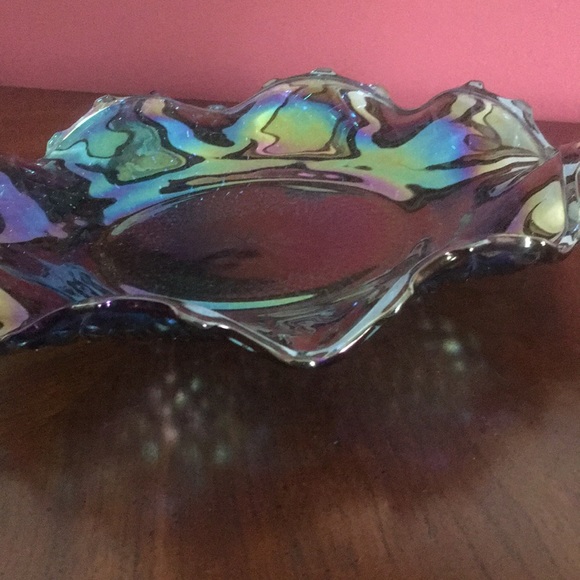 Vintage Indiana Glass Blue Iridescent Diamond Point Ruffled Trim Hostess Plate - Picture 4 of 13